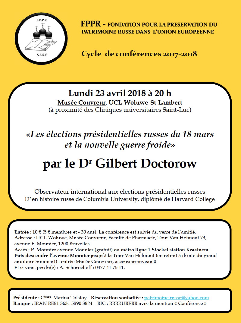 Affiche. Conférence FPPR. Les élections présidentielles russes du 18 mars et la nouvelle guerre froide, par Gilbert Doctorow. 2018-04-23